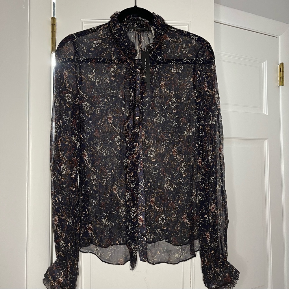 Elie Tahari Blue and Yellow Ruffled Blouse